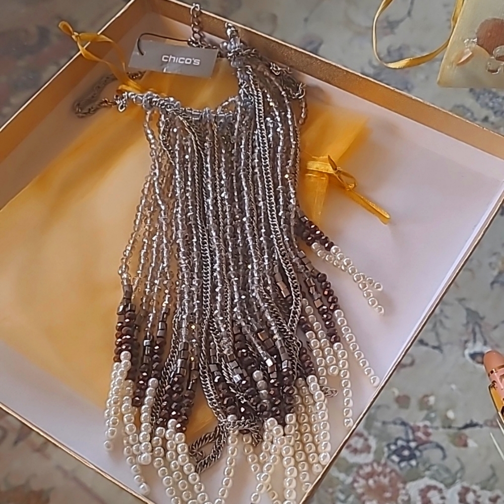Chicos pearl beaded chandelier necklace, new, never worn
